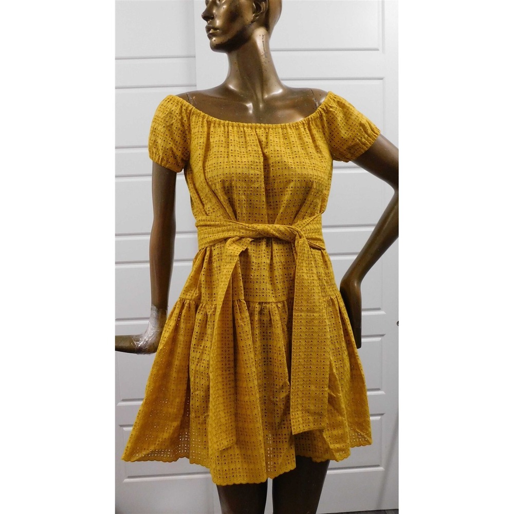 Michelle Farmer Yellow Eyelet Lace Trim Dress $550+rt sz S